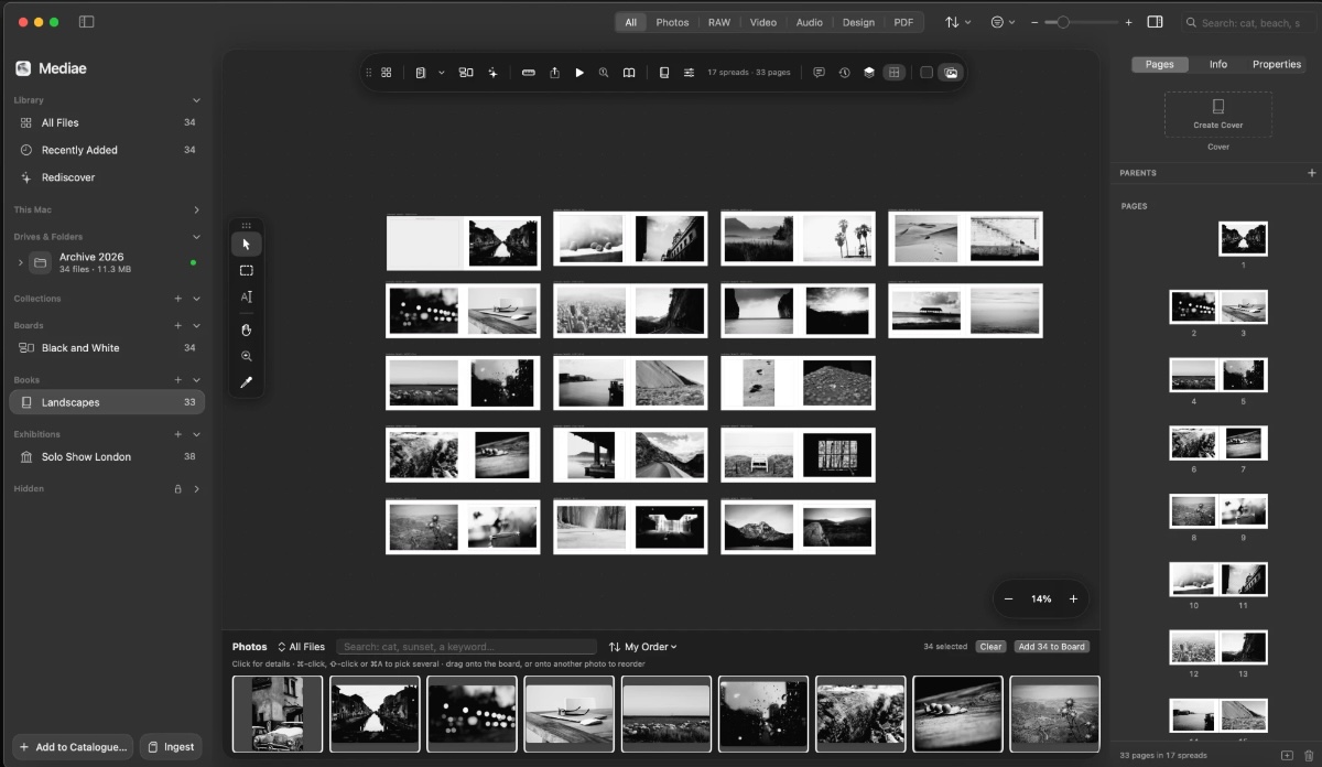 A photobook in Mediae: seventeen spreads laid out on the canvas, with the pages listed in order on the right.