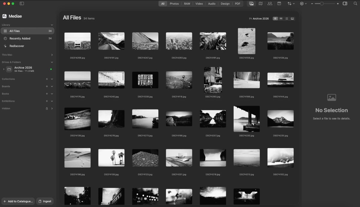 Mediae showing an archive of black-and-white photographs as a grid, with drives, boards, books and exhibitions in the sidebar.